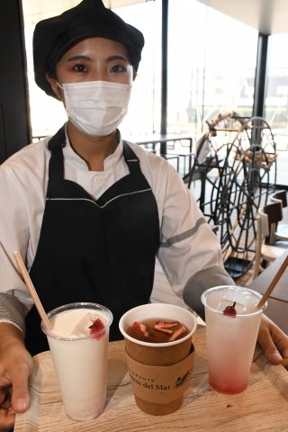3面：４月中旬まで桜使用のドリンク販売　春限定の３種類　うみがたり内レストラン