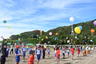 7面：記念の風船大空へ　新井南小　６０周年運動会でリリース