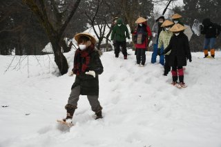 1面：雪上歩き滑り満喫　知恵、楽しさいっぱい　留学生・家族連れ かんじきに驚き　大島区 豪雪体験ｉｎ新潟
